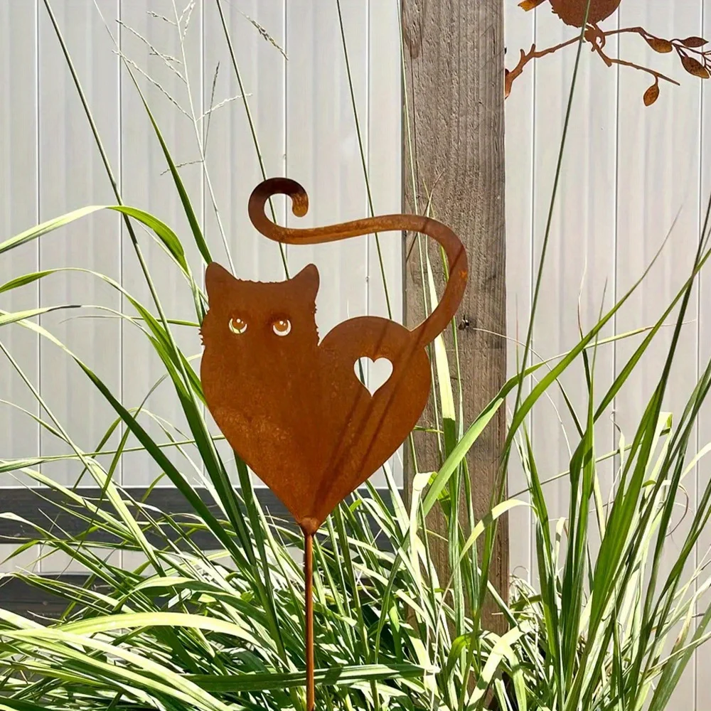 1pc Rustic Cat Silhouette Metal Garden Stake - Heart & Cat Outdoor Decor, Weathered Rusty Yard Art for Mother’s Day, Patio
