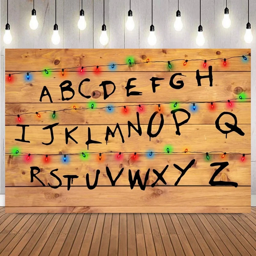 Stranger Theme Photography Backdrop Rustic Wooden Texture Colorful Lights Alphabet Things Series Kids Birthday Party Background