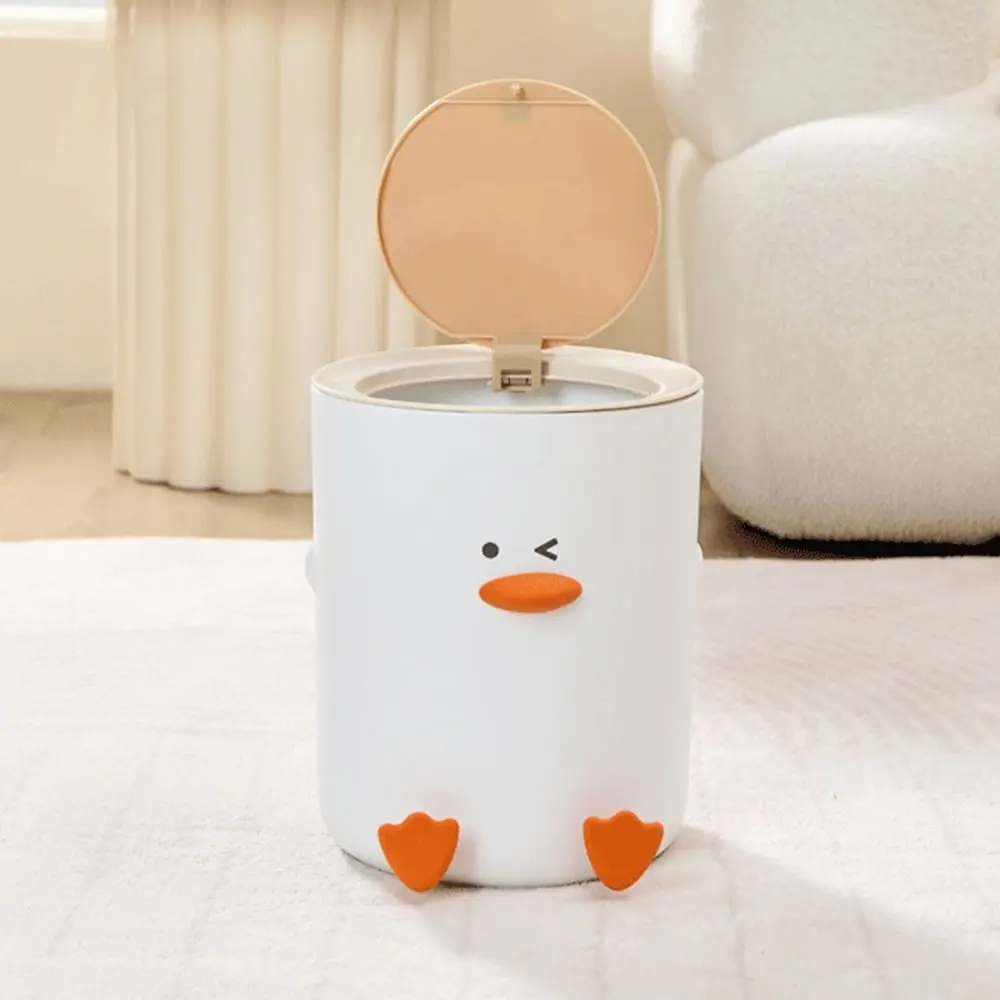 Modern Style Cartoon Duck Press Trash Can White Funny Design Waste Bin Plastic 12L Capacity Wastebasket Home Decoration