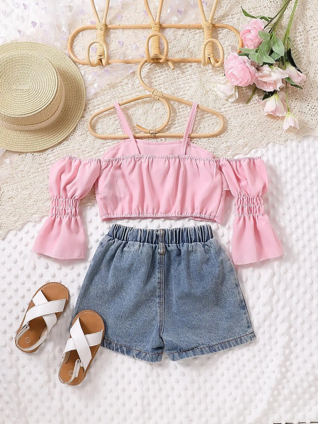 Fashion Baby Girls Summer Clothes Short Puff Sleeve Off Shoulder Chiffon Crops Tops+Bow Denim Shorts Toddler Kids 2PCS Tracksuit