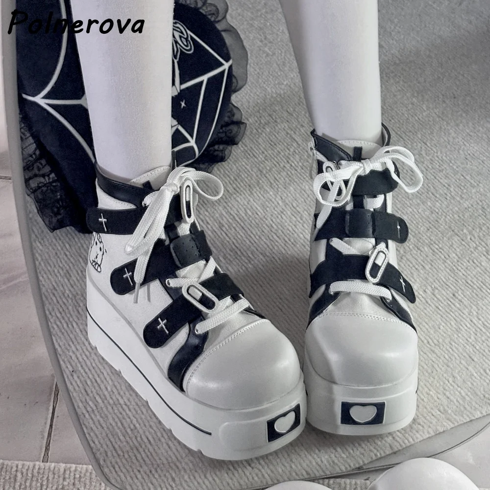 Black White Platform Pumps Mixed Color Canvas Round Toe Platform Sewing Buckle Belt Lace Up Shoes Women Lovely Cool Lolita Shoes