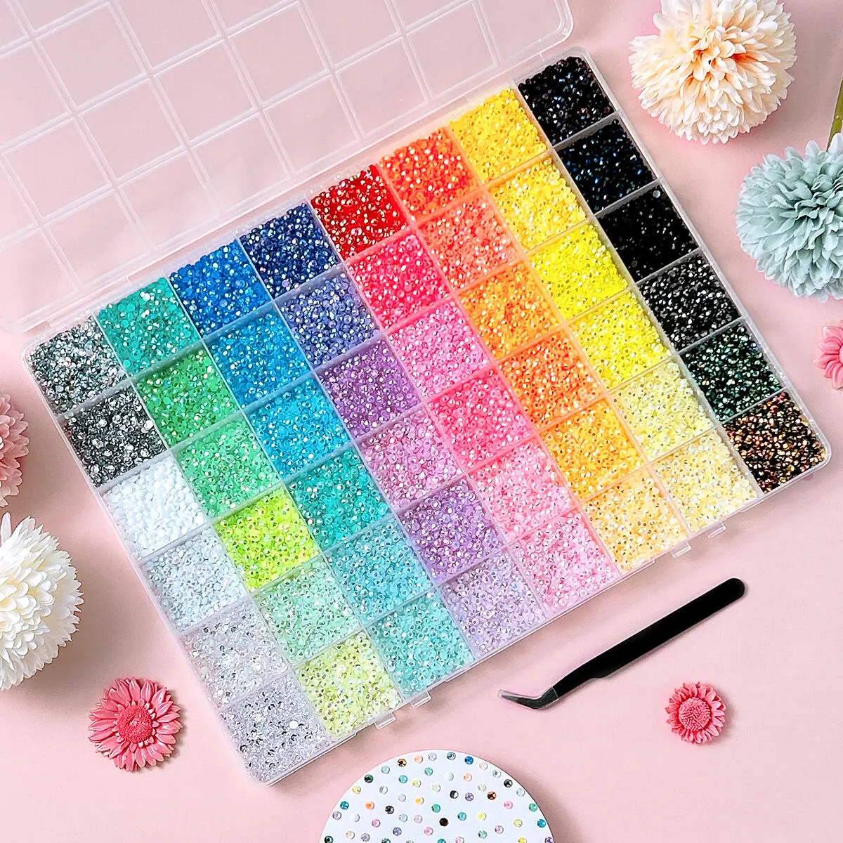 1Box Vibrant Rainbow Flatback Nail Rhinestones Bedazzling Kit Macaron Colored Semi-circle Resin Crystal Diamonds with Tools DIY