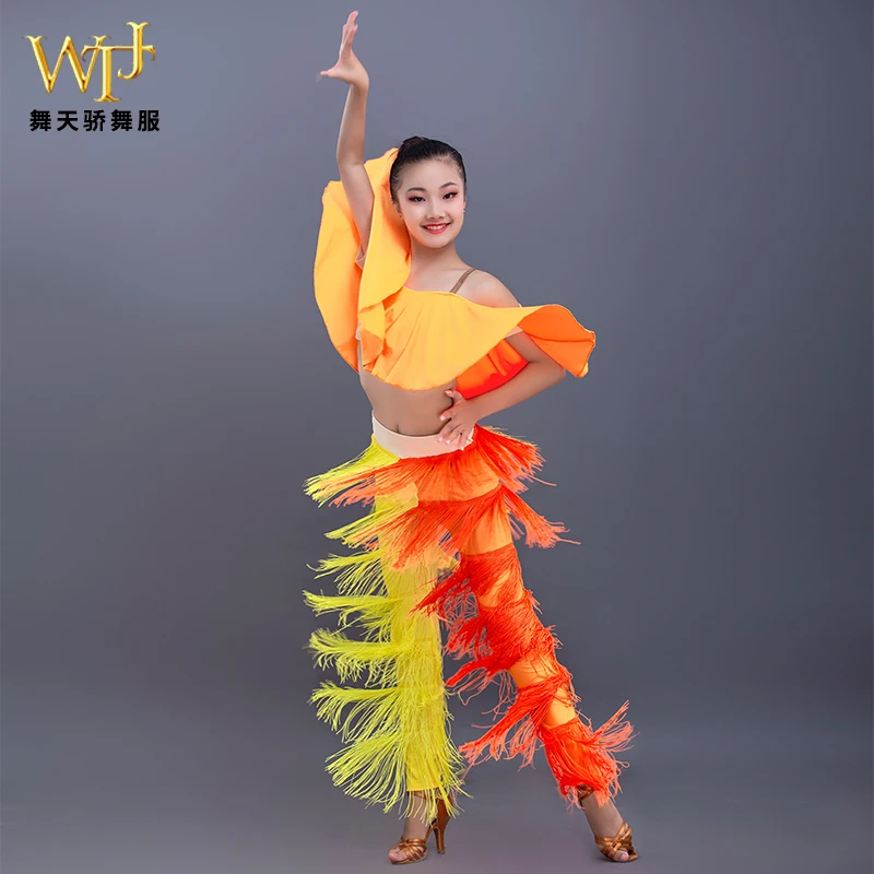 Roupas para meninas de dança latina, conjunto de calças com borla, terno de treinamento profissional, terno de performance de competição de dança infantil