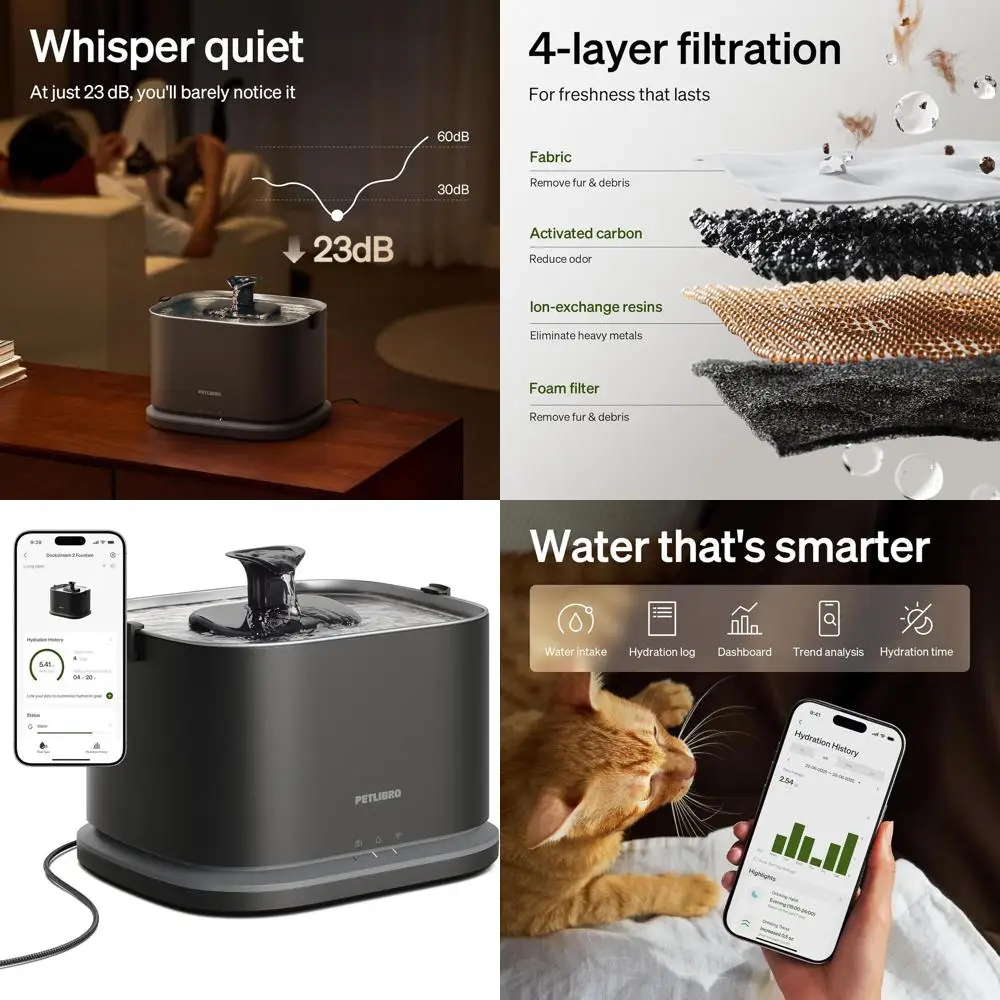 

Stainless Steel Dockstream 2 Pet Fountain, 3L Auto-Monitored Drinking Dispenser for Cats & Dogs with 5G WiFi Connectivity