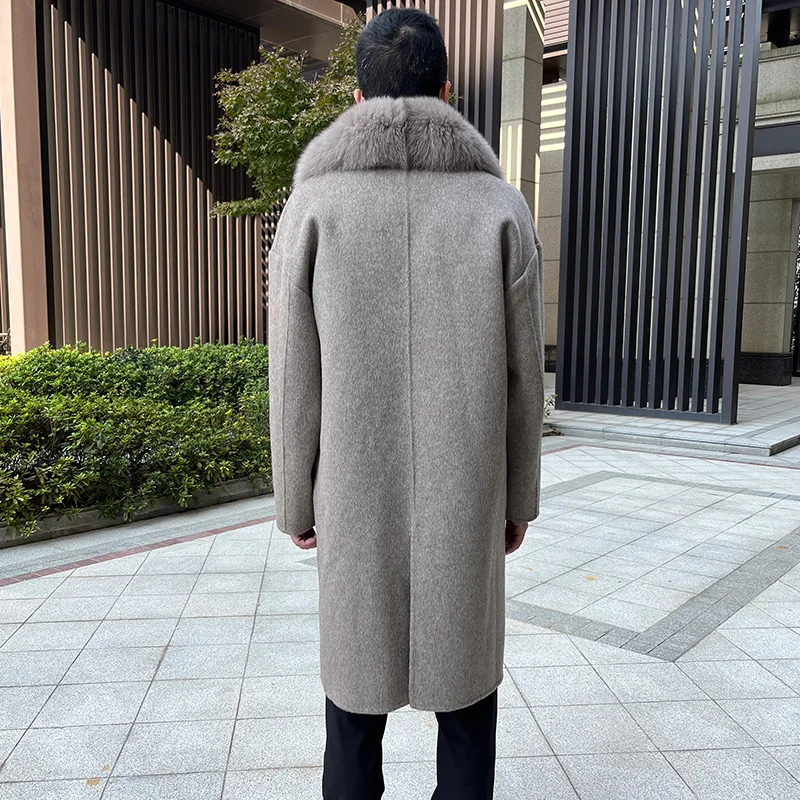 Winter Design Detachable Real Fur Collar Wool Coat High Quality Handmade Cashmere Coat Men