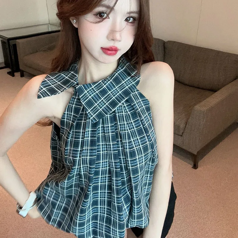 Korean Style Niche Retro Fashion Elegant Plaid Sleeveless Shirt Summer New Popular Original Design Sweet Sexy Slim Women\'s Top