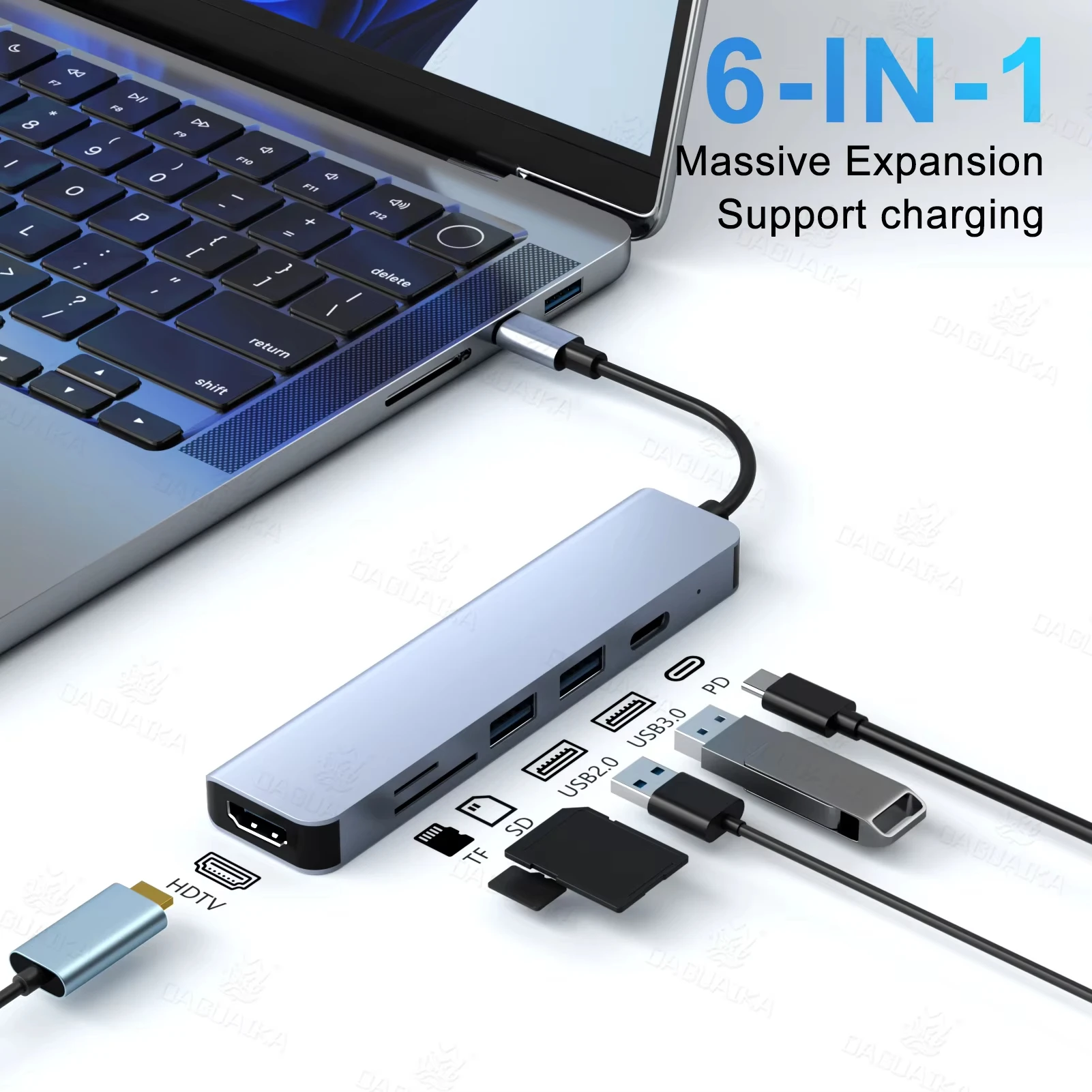 

6 in1 USB C Hub Multiport Adapter 6-in-1 with 4K@30Hz HDTV 100W Power Delivery USB 3.0 Data TF/SD Card Reader Laptop Hub Dock