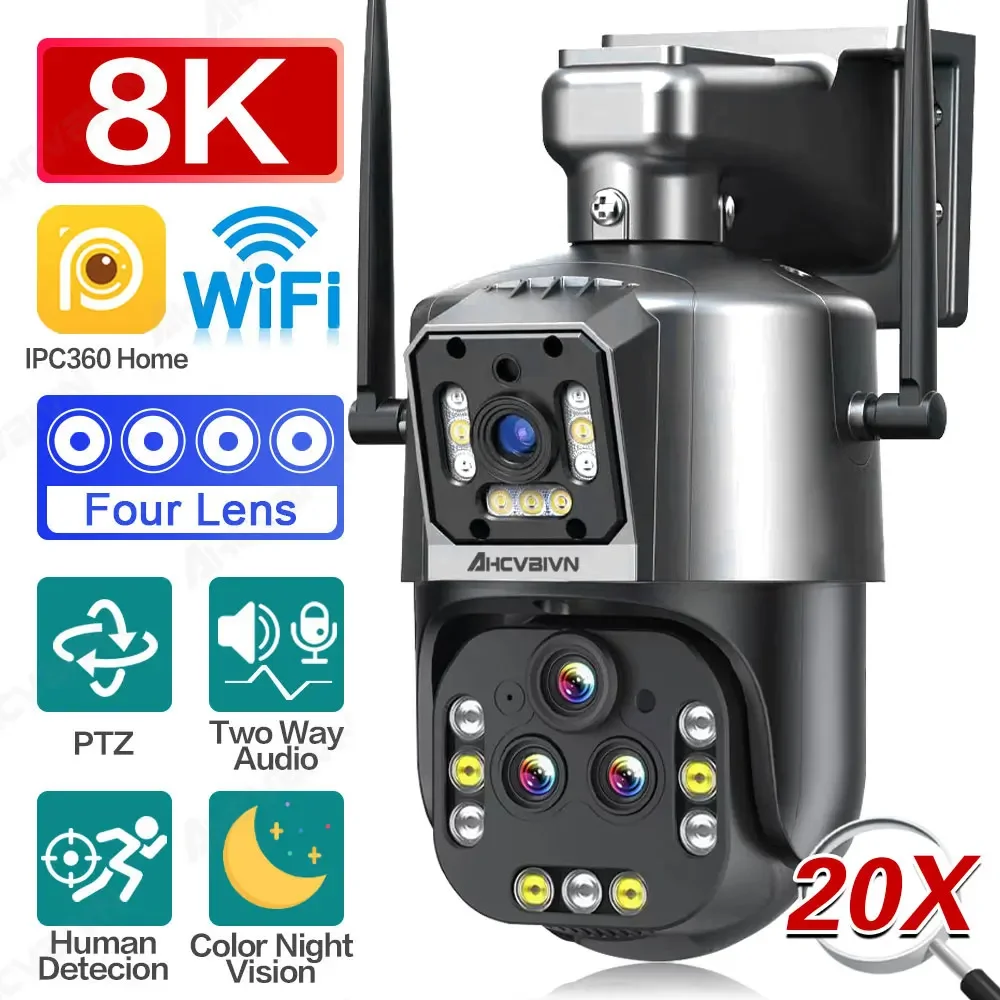 16MP Four Lens Wifi PTZ IP Camera Auto Tracking Outdoor 4K 20X Zoom Wireless CCTV Video Surveillance Camera Color Night Vision