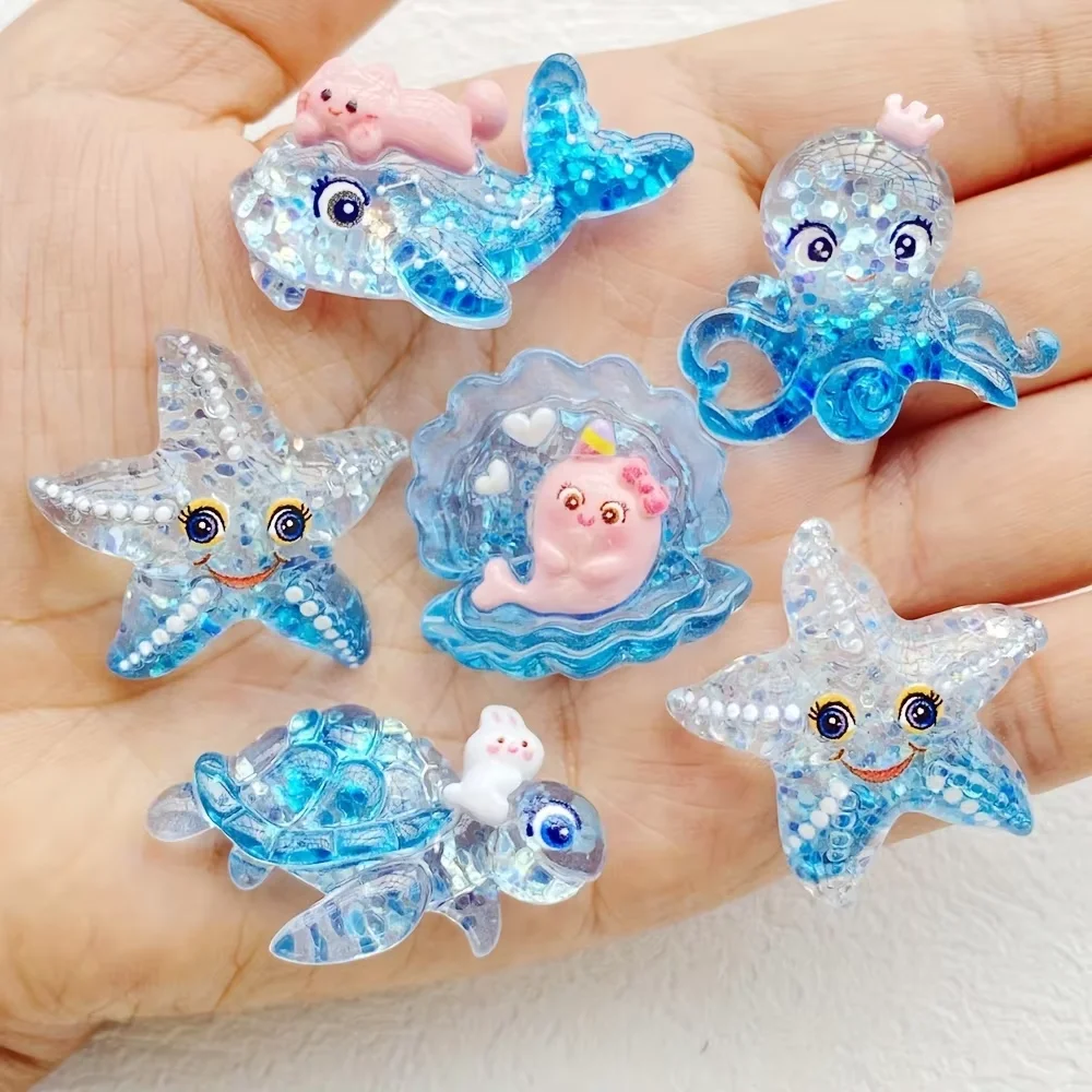 10-Piece Set of Ocean-Themed Resin Ornaments: Glittery Sea Turtles, Octopuses, Starfish, Seashells, and Dolphins – Ideal for DIY