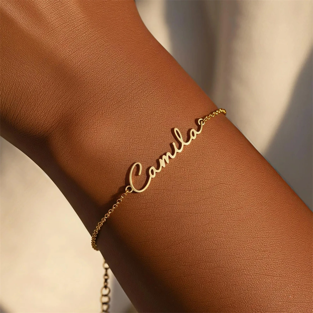Cursive Script Name Bracelet Rose Gold Chain Hand Link Custom Name Bracelets For Women Jewelry Personalized Pulseras Mujer Gift