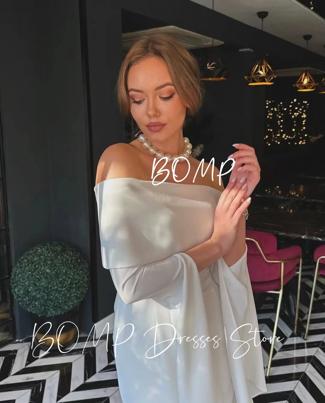 BOMP Elegant Off Shouler Evening Dresses White Chiffon Full Sleeves Mermaid Saudi Arabic Formal Occasion Party Dress Customized