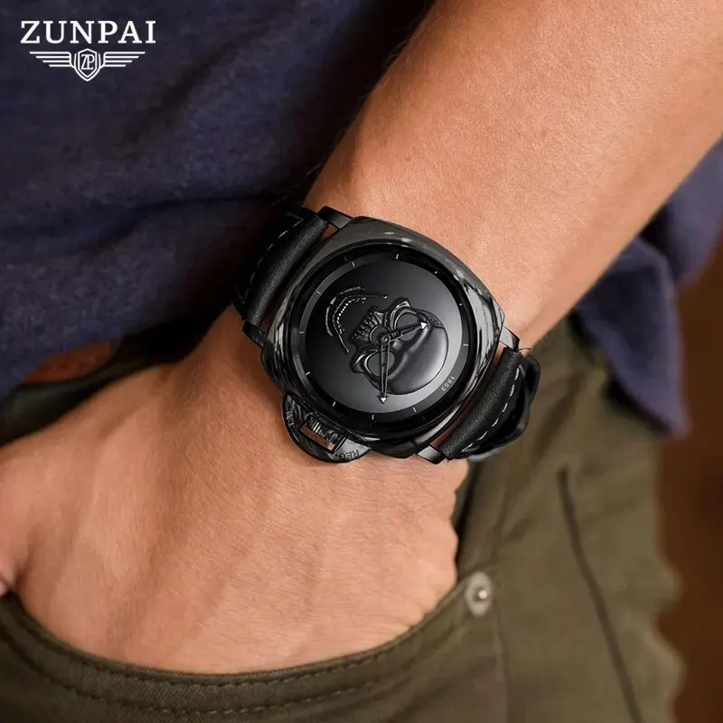 ZUNPAI Original Watch for Men Waterproof Sport Fashion Leather Strap Gold/Black Luminous Cool Skull Analog Quartz Wristwatches