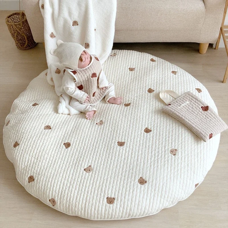 85CM Bear Embroidery Pad Removable Cotton Round Carpet Floor Rugs Newborn Baby Crawling Mat Soft Zipper Kids Room Play Mats