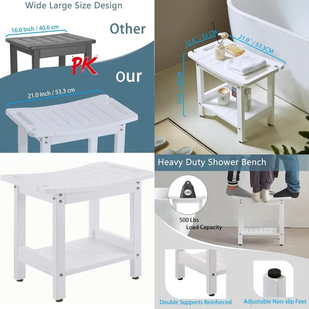 

Белое регулируемое сиденье для душа с местом для хранения и прочными ножками для бритья и комфорта.