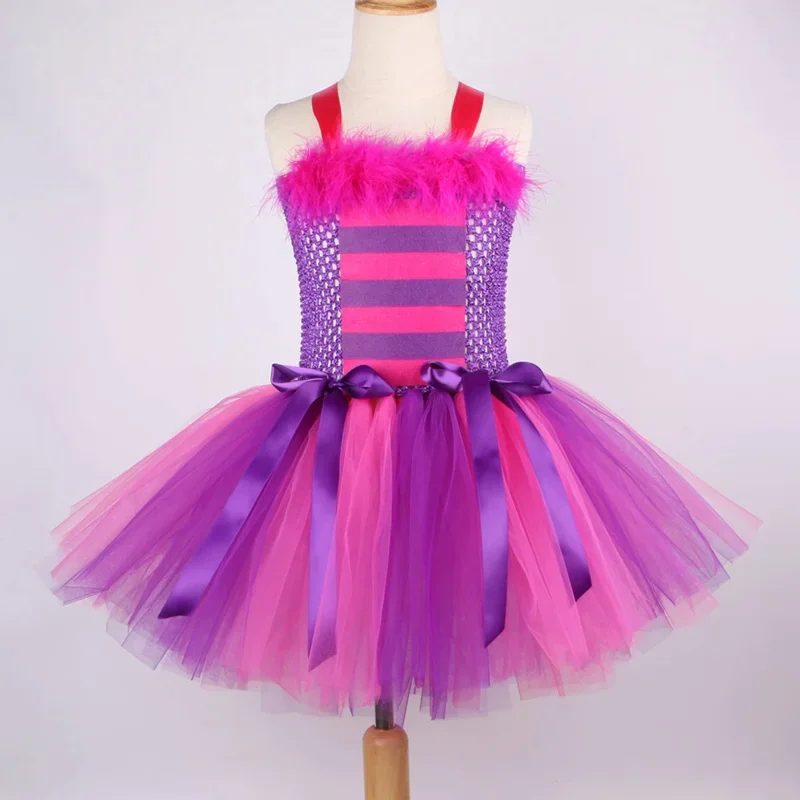 Alice in wonder chesuite cat girls tutu dress hot pink purple cartoon tulle girls party dress kids Halloween cosplay costume