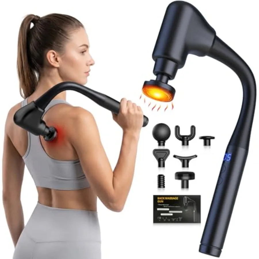 

Deep tissue massage gun with heat function for home and office use aluminum alloy body in black 10 speeds 7 interchangeable hea