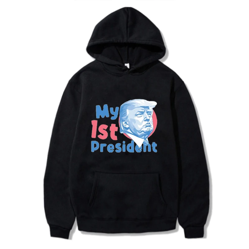 Trump My 1st President Sweatshirts Cartoon Text Pattern New President In 2025 Gifts For Trump Supporters Hoodie