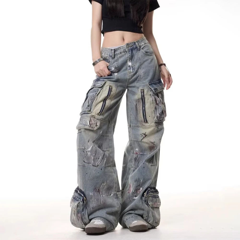 メンズ Y2k マルチポケット作業服ジーンズアメリカンレトロファッショントレンドストリートヒップホップルーズカジュアルニッチ夏の新しいメンズボトムス
