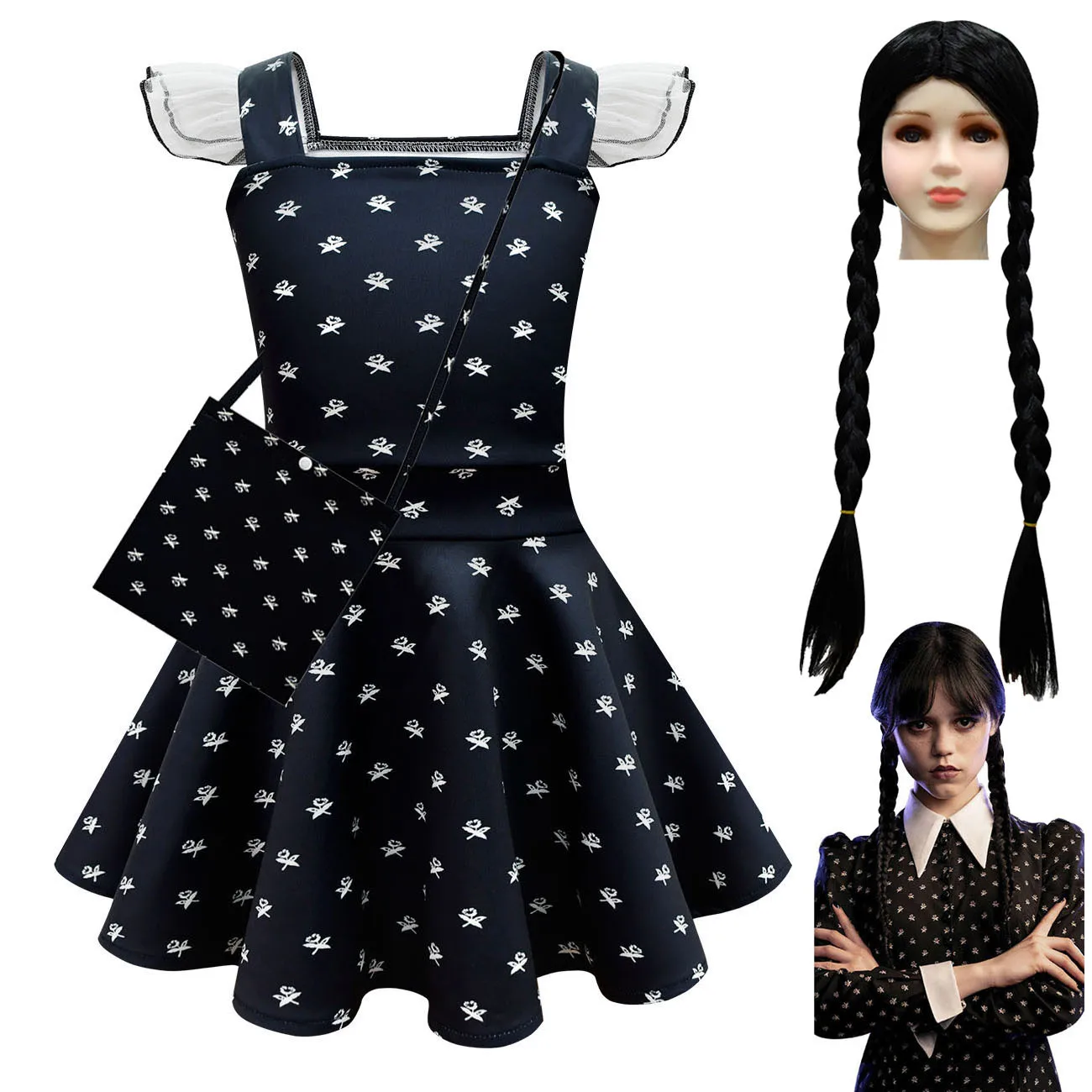 High Quality The Addams Christina Ricci Family Cosplay Black Dress Costumes with Wig for Girls  Party Carnival Halloween