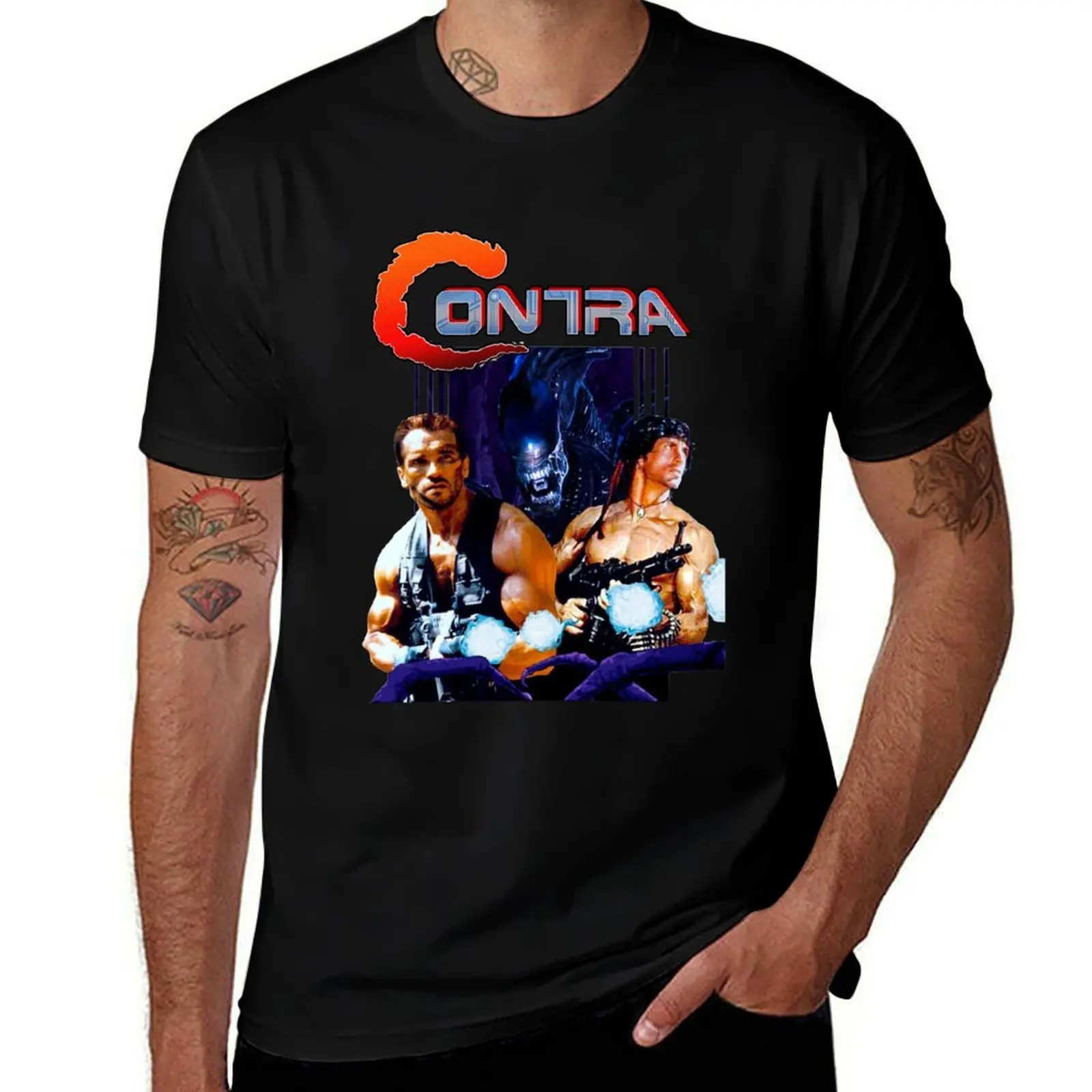 SCHWARZENEGGER COMMANDO and ALIEN-CONTRA GAME PARODY T-Shirt Basic Plain Tee for Spring and Summer T-Shirt