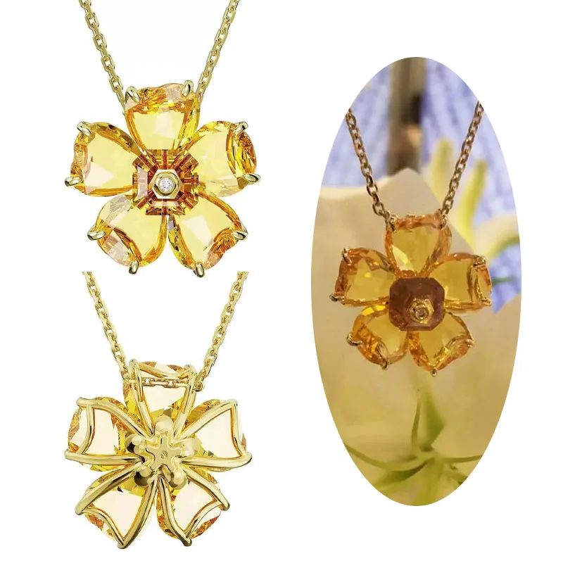 2024 The new creative yellow petal leaf crystal element colored stone necklace for women's exquisite high-quality  jewelry gifts