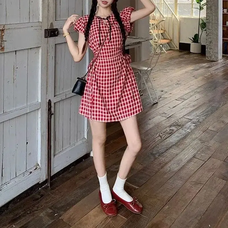 

Hotsweet Plaid Fashion Cut Out Dresses Women's Clothing Exposed Waist Summer Round Neck Bow Drawstring Short Sleeve Mini Dress