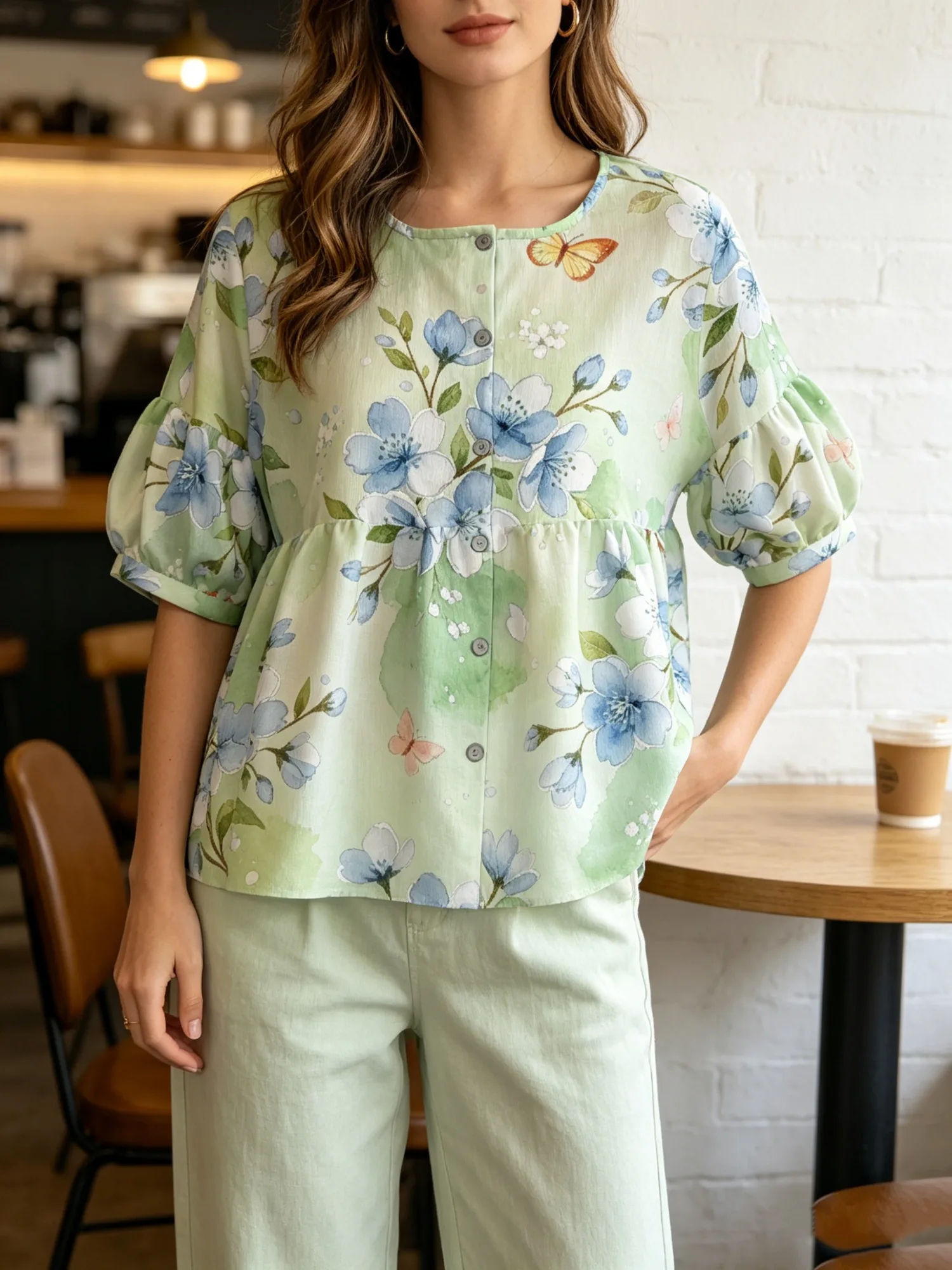 Women Sweet Flower Print Casual Shirt Crew Neck Button Front Half Bubble Puff Sleeve Soft Babydoll Blouse