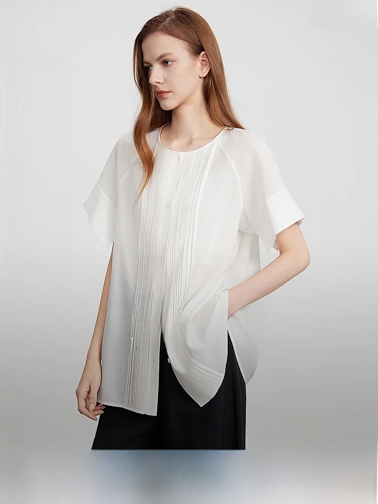 

Elle Women's Silk Shirt round Neck Short Sleeve Loose Fit Commute Style Summer New Arrival Elegant Feel Cotton And Silk Blend