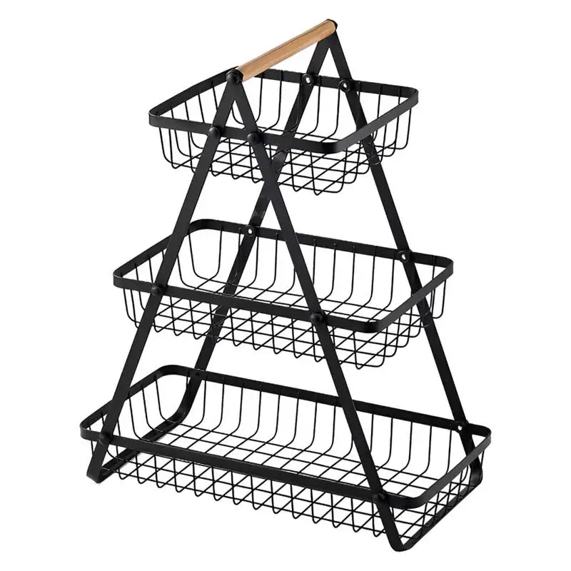 

Fruit basket outdoor fruit basket double layer storage rack 3 Tier detachable rectangle fruit shelves with wood handle Baskets