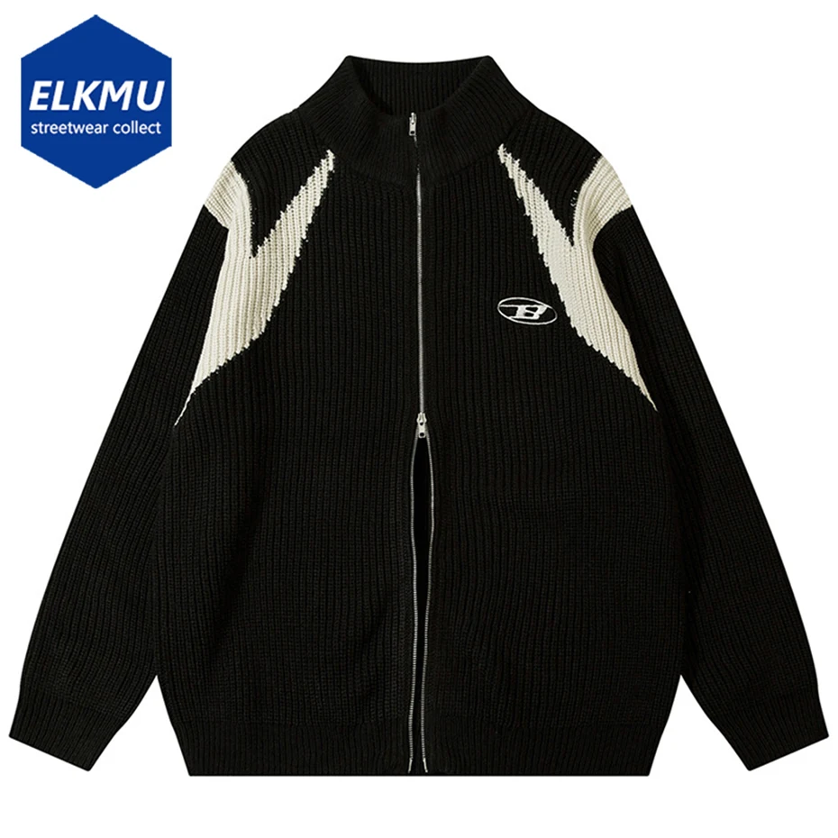 

Men Vintage Sweaters Color Black Patchwork Oversized Sweaters Knit Cardigan Streetwear Harajuku Hip Hop Sweaters Knitwear