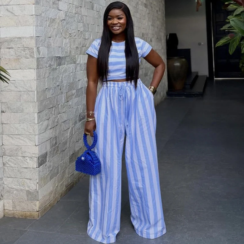 New African Fashion Women Two Piece Set Striped Printed Slim Crop Top And Loose Wide Leg Pants Set