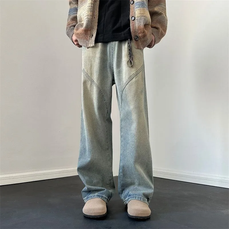 

Мужские винтажные джинсы с широкими штанинами, свободного кроя, с эффектом потертости, прямые джинсовые брюки