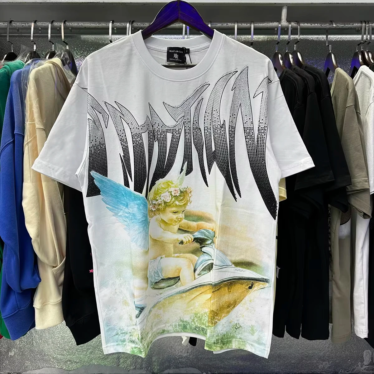 MIXED EMOTION Strass-Kurzarm-T-Shirt für Herren, Schwarz, Streetwear, Baumwolle, Lockerer Rundhals-Oberteil, Oversized Unisex-T-Shirt – Detail 7