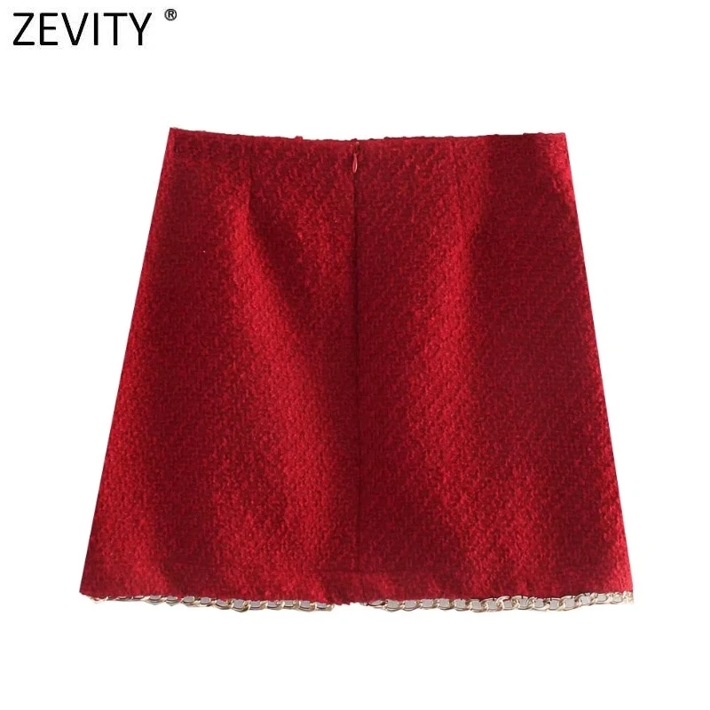 Zevity Women High Street Hem Chain Design Front Split Woolen Mini Skirt Faldas Mujer Ladies Back Zipper Chic Slim Vestido QUN949