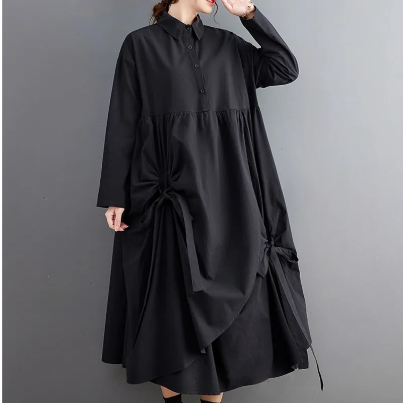 #6827 Black Khaki Long Shirt Dress Polo Neck Buttons Pockets Asymmetric Shirt Dress Women Loose Split Joint Vintage Midi Dress