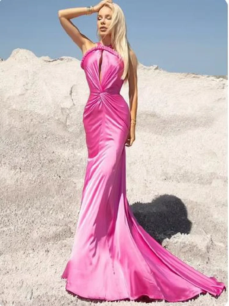 2024 New Luxury Summer Sexy Sleeveless Key Hole Hot Pink Maxi Long Women Celebrity Dress Elegant Party Evening Club Vestido