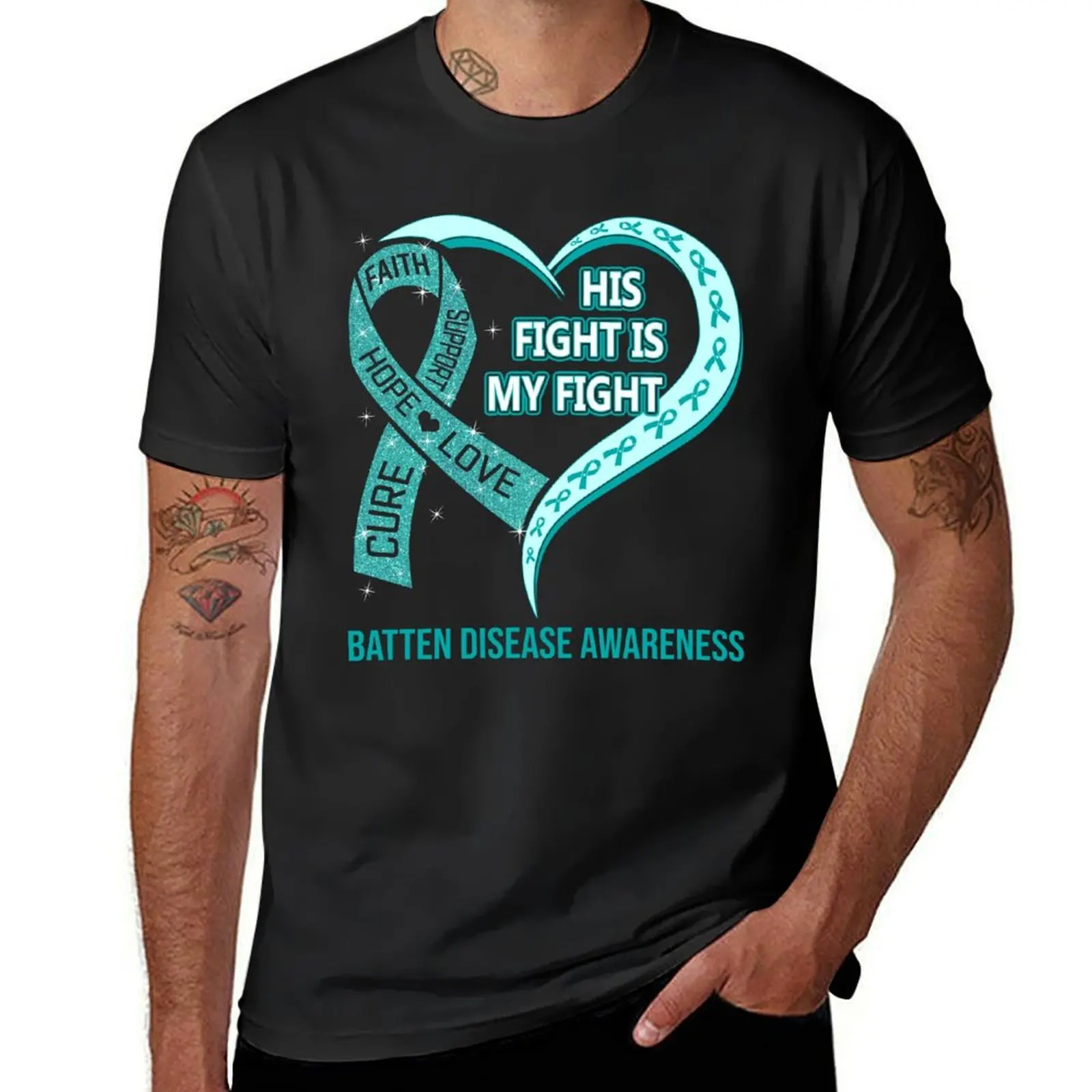 

His Fight Is My Fight Batten Disease Awareness Ribbon Heart T-Shirt Blouse cute clothes summer top mens cotton t shirts