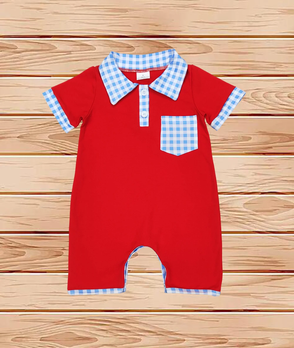 

3.24 Wholesale western boutique onesies Newborn toddler Baby Infant Boys Red 4th of July Pocket Rompers