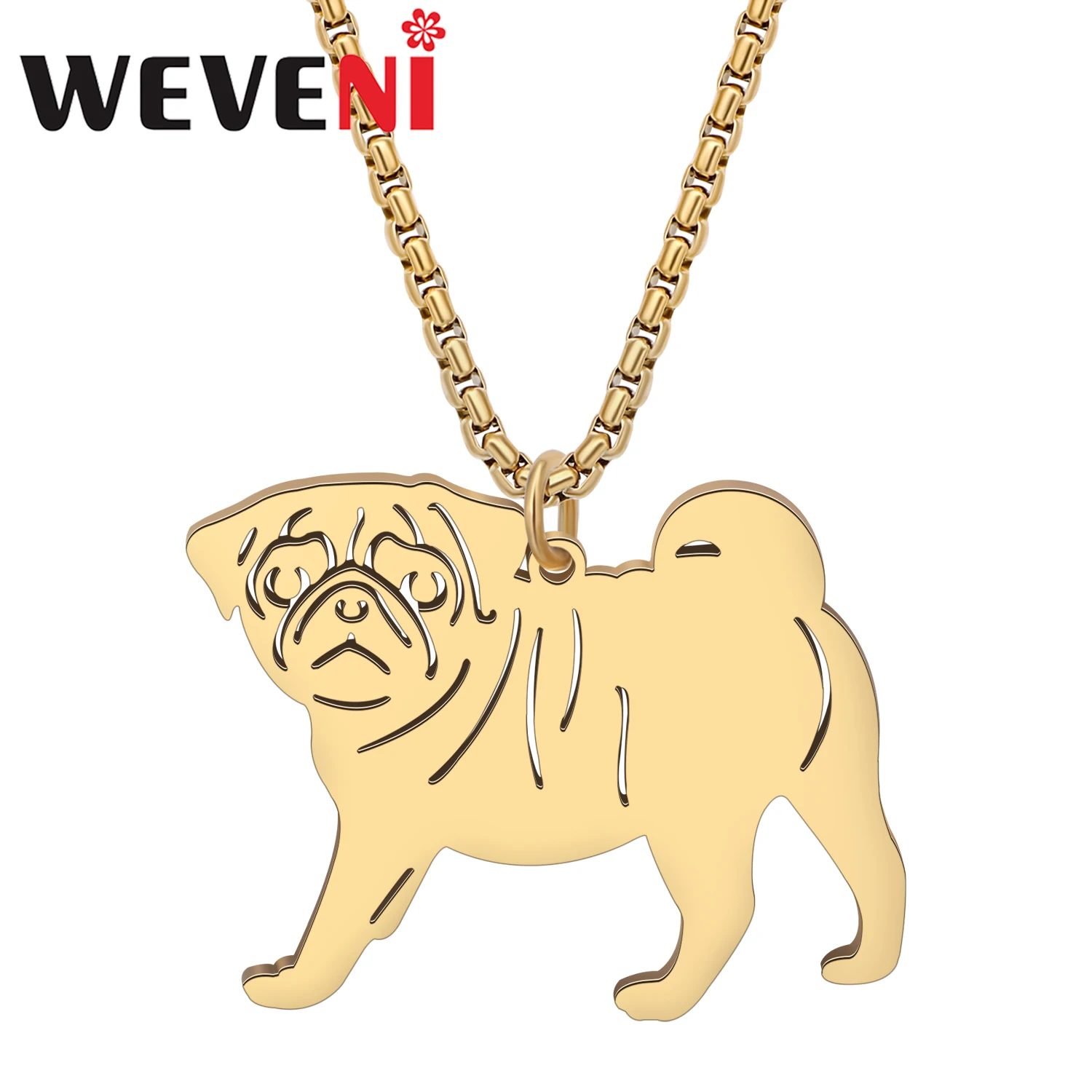 WEVENI Stainless Steel Cute Pug Dog Necklace 18K Gold Silver Plated Pendant Doggy Pets Jewelry For Women Men Girls Unisex Gift