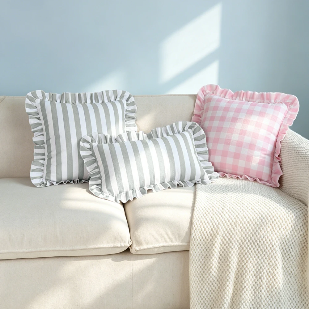 BUYNOW 1PC Plaid Printed Striped Cushion Cover With Ruffled Edge Home Decor Suitable For Sofa Bedroom Living Room Pillowcase