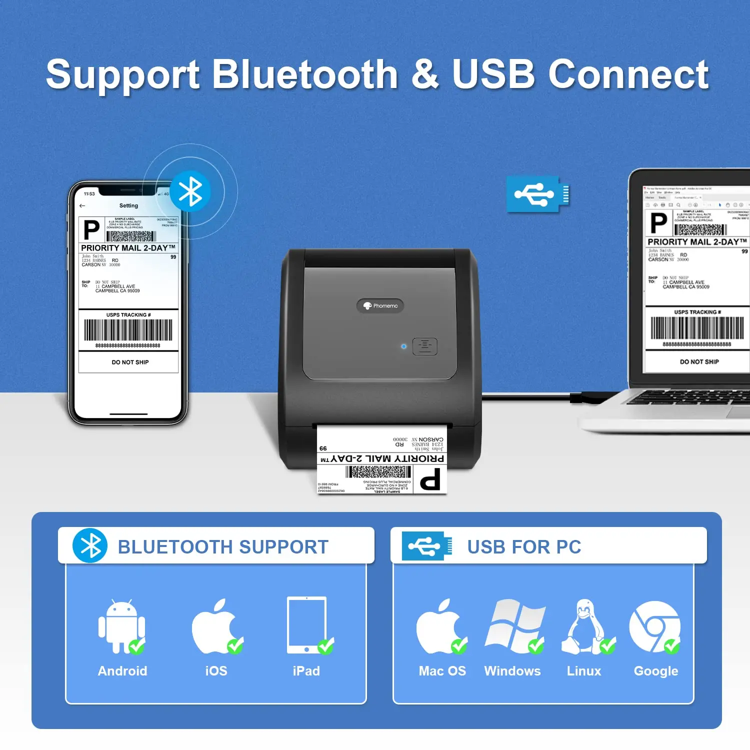 D520BT PM241BT Multifunctional Label Printer Thermal Label Maker Bluetooth USB Connection for Waybill Logo Barcode Address Print