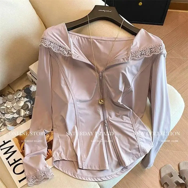

2026 Women's Summer New Lace Clothes Gentle Style Long Sleeve Hat Splice Slim Fit Ice Silk Thin Outerwear