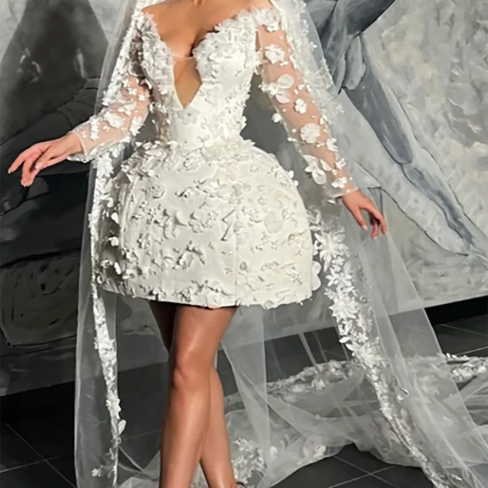 Elegant Appliquins V-Neck Floral Full Sleeve A-Line Bride Wedding Dresses Bridal Gowns Customized