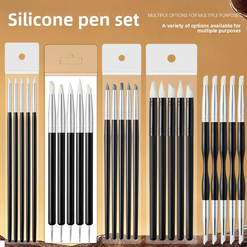 5 Nail Art Super Soft Silicone Pen Set Painted Hollow Carved Silicone Embossing Tool Marble Pattern Brush Press Rod Art Supplies