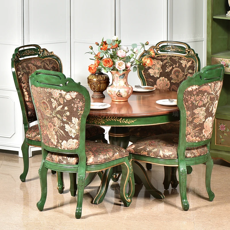 

American rural retro solid wood round dining table and chair combination 1.2 meters retro back chair round dining table set