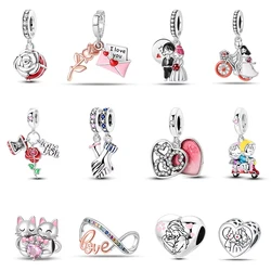 925 Sterling Silver Romantic Couple Rose Valentine's Day Charms Beads Fit Qikaola 925 Original Bracelets Fine DIY Jewelry Gifts
