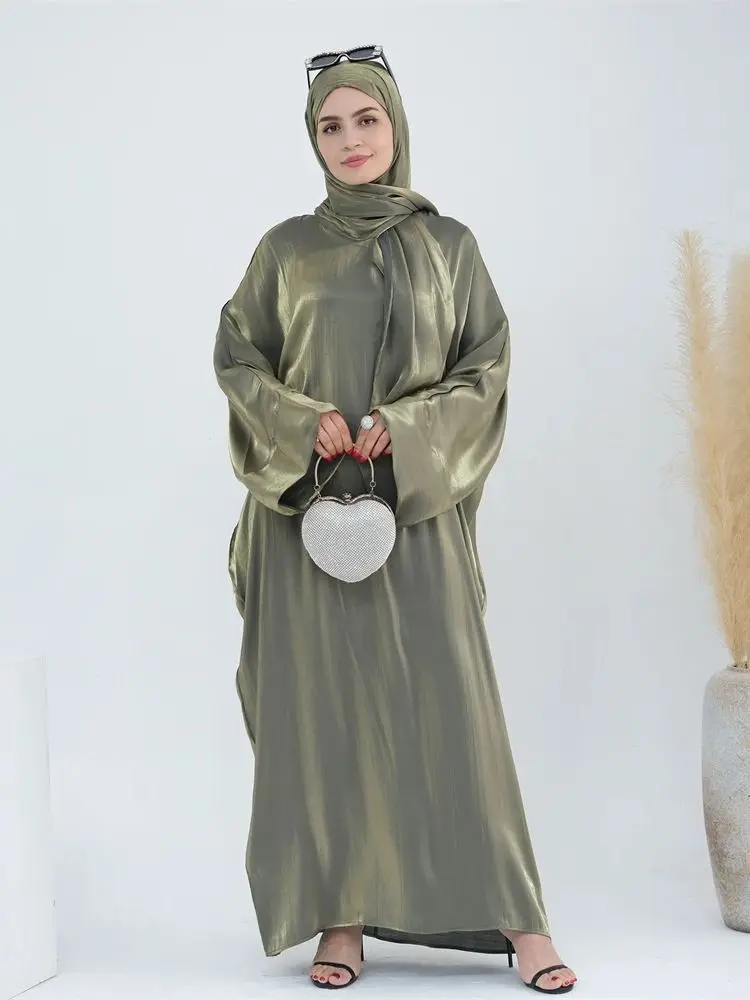 Shimmer Batwing Satin Khimar Abaya Dubai Luxury Muslim Kaftan Dress Palestine Abayas For Women Kebaya Caftan Robe Femme Vestidos