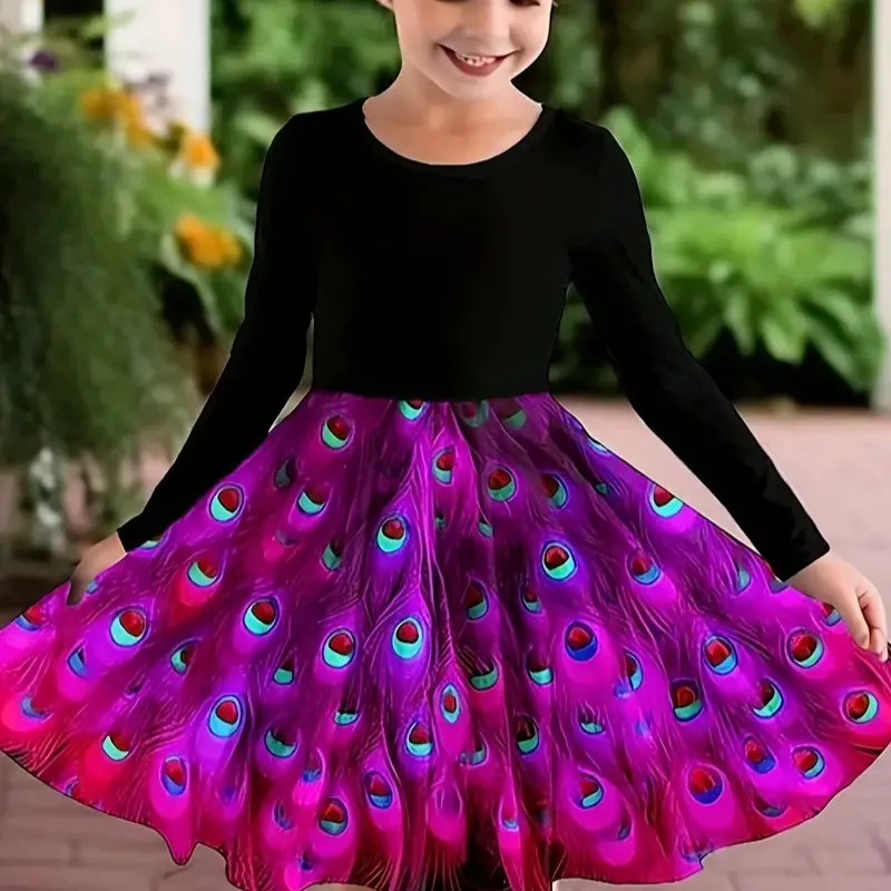 Robe à manches longues pour filles, vêtements de danse de Ballet, imprimé plumes de paon, Costume de spectacle de fête tendance, nouveau Style