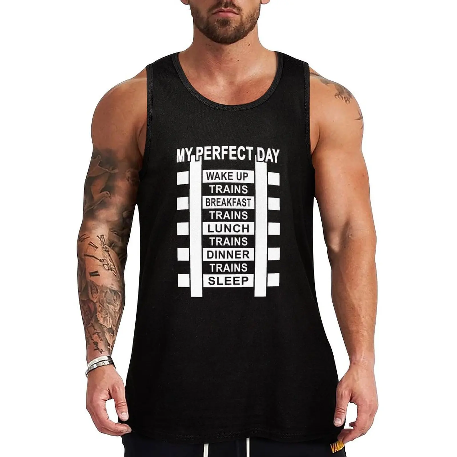 Funny Railroad Locomotive Train Lover Gift 'My Perfect Day' Trains Tank Top gym clothing Men's t shirt