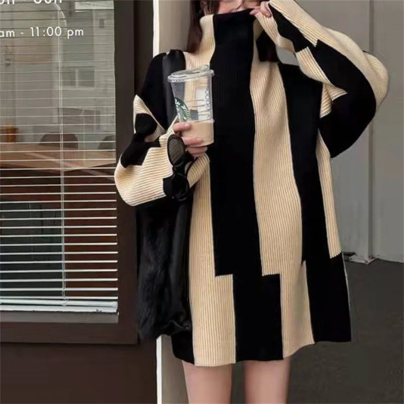 

Pullovers Patchwork Long Sleeve Jumper High Street Loose Slight Strech Winter Turtleneck Striped Sweater Female Knitted